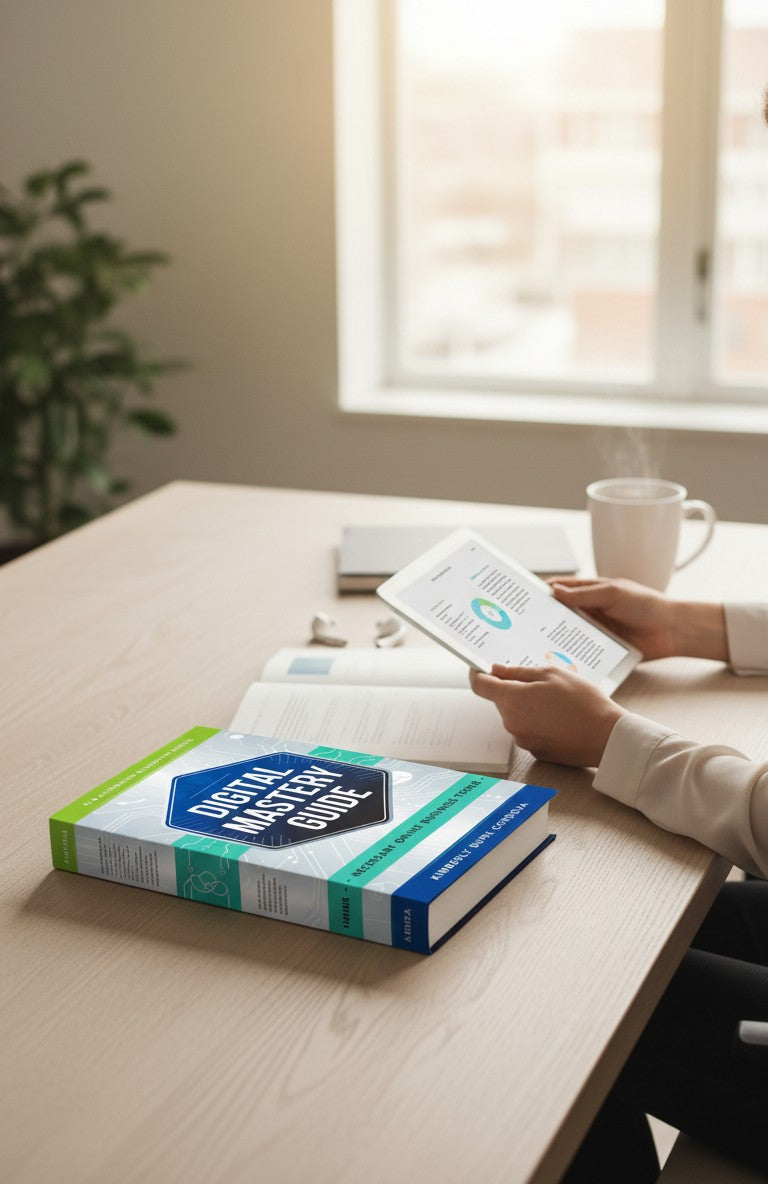 Digital Mastery Guide: Necessary Online Business Tools book cover by Thrive Collective Publishing. Features a blue hexagonal design with white text.
