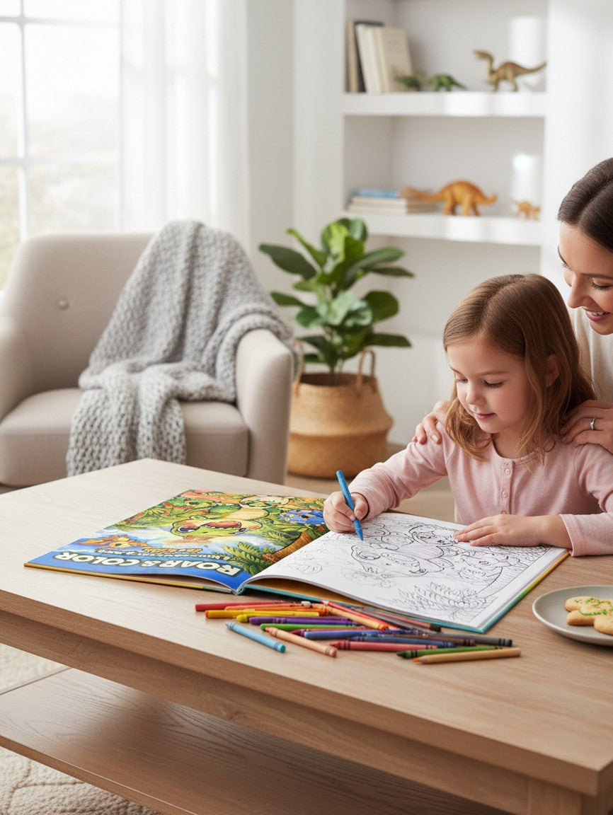 Roar & Color: A Dinosaur Coloring Book for Kids Ages 4-8 by Thrive Collective Publishing. Features cute cartoon dinosaurs like T. rex, Triceratops, and Pterodactyl.