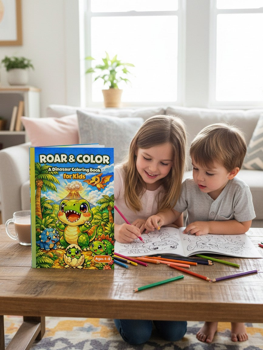 Roar & Color: A Dinosaur Coloring Book for Kids Ages 4-8 by Thrive Collective Publishing. Features cute cartoon dinosaurs and a volcano.