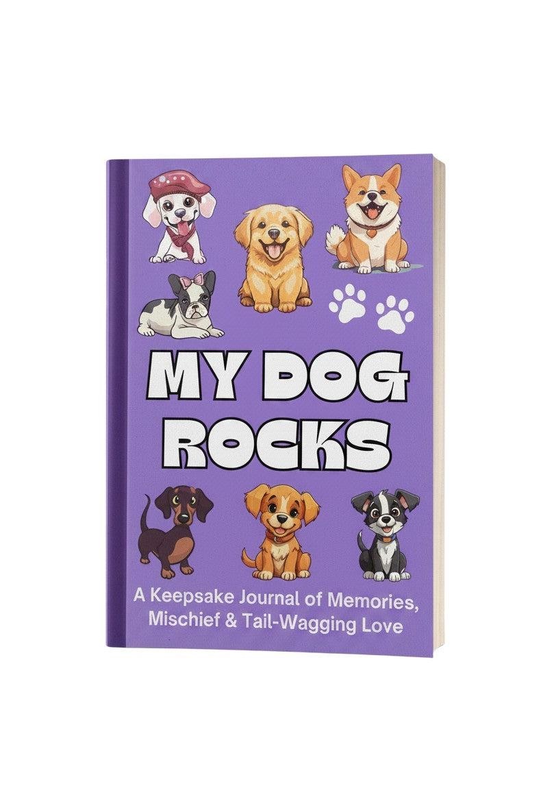 Thrive Collective Publishing My Dog Rocks journal cover with cartoon dogs and paw prints on a purple background.