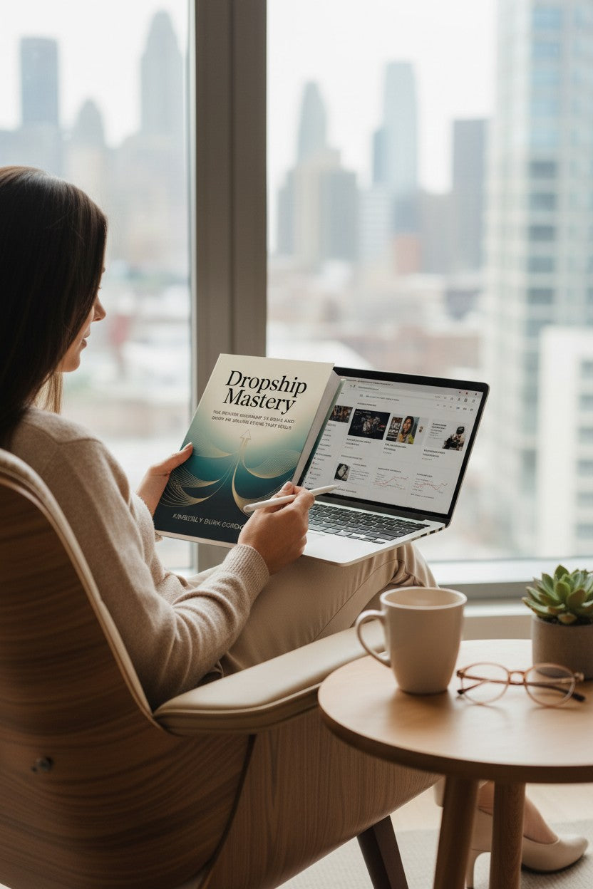 Dropship Mastery book cover by Kimberly Burk Cordova, a roadmap for building an online store. Features gold lines forming an upward arrow on a teal and cream gradient.