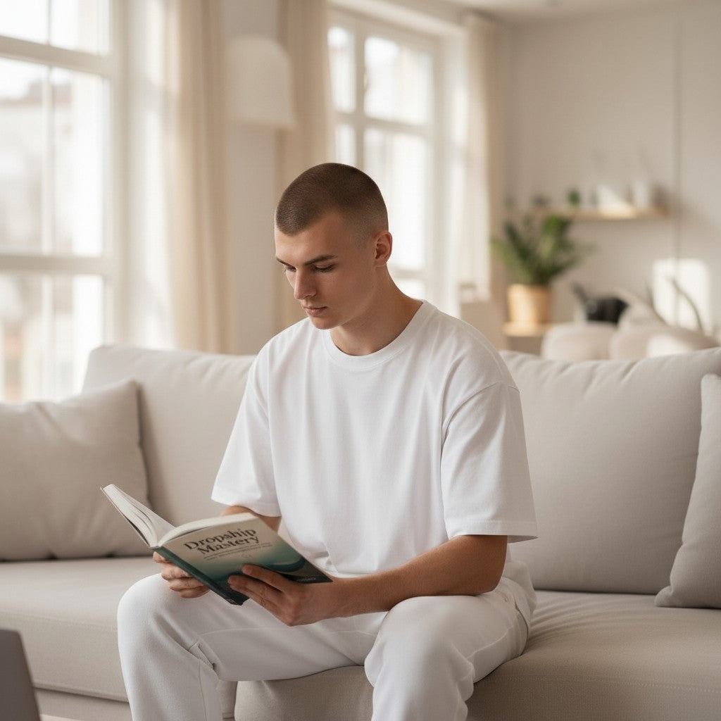 Thrive Collective Publishing book cover for Dropship Mastery, a guide to building an online store, held by a man reading on a couch.