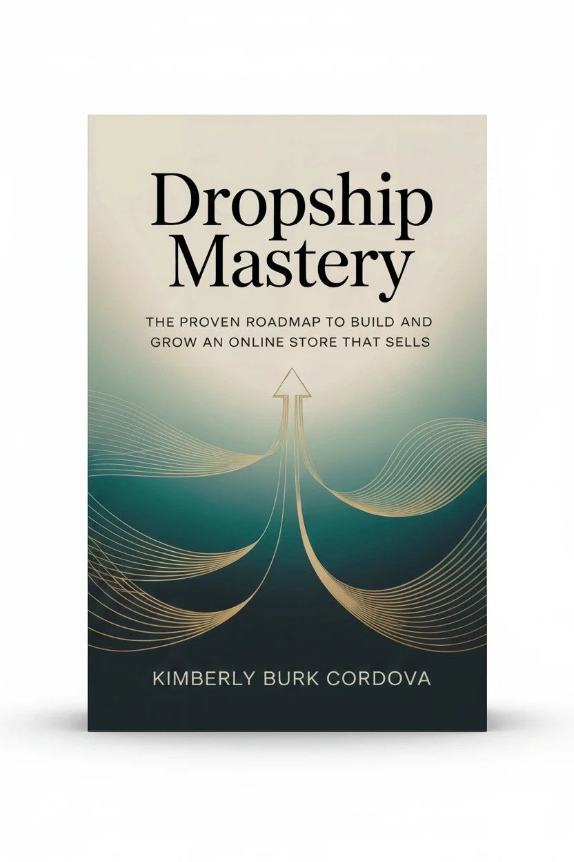 Dropship Mastery book cover by Thrive Collective Publishing, a guide to building an online store. Features abstract gold lines on a teal and cream background.