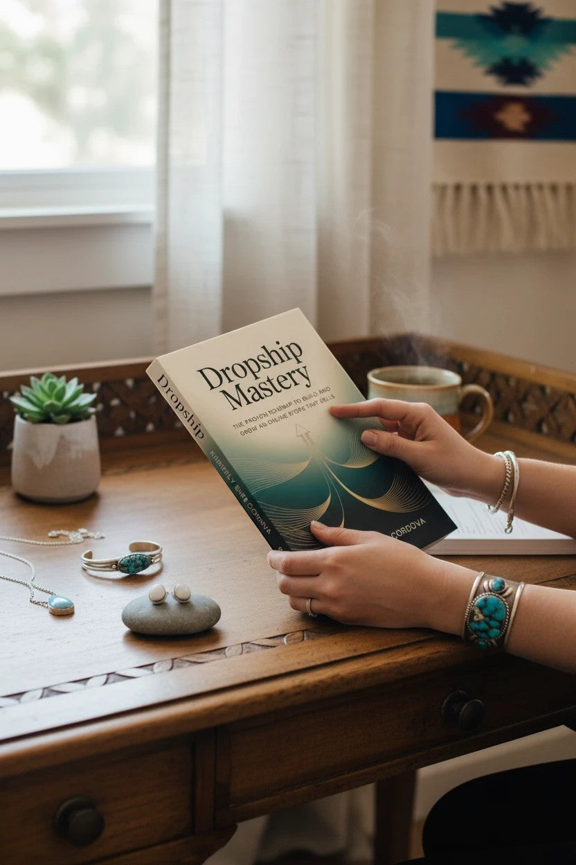 Thrive Collective Publishing Dropship Mastery book, a guide to building an online store. Features teal and gold abstract design.