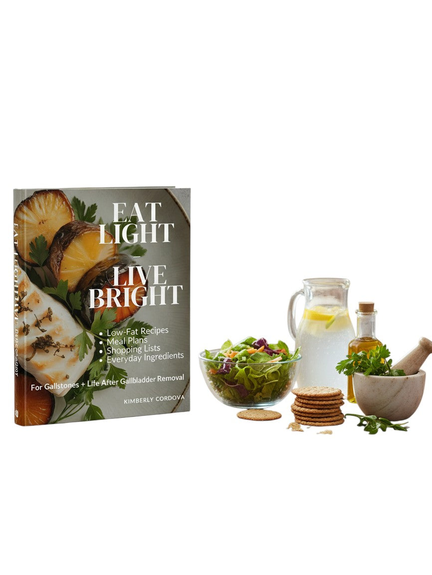 Thrive Collective Publishing Eat Light, Live Bright cookbook cover featuring low-fat recipes for gallstones and life after gallbladder removal.