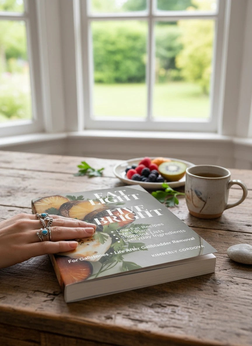 Thrive Collective Publishing Eat Light, Live Bright cookbook cover with low-fat recipes for gallbladder issues and recovery.