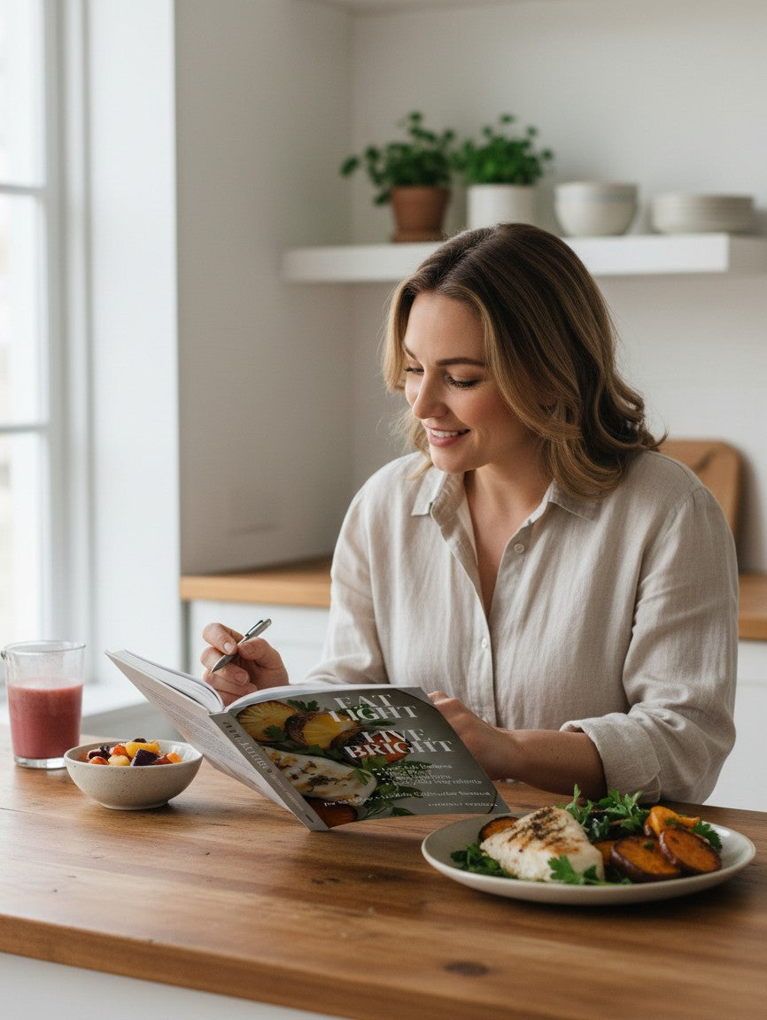 Thrive Collective Publishing Eat Light, Live Bright cookbook cover with low-fat recipes for gallstones and post-gallbladder removal recovery.