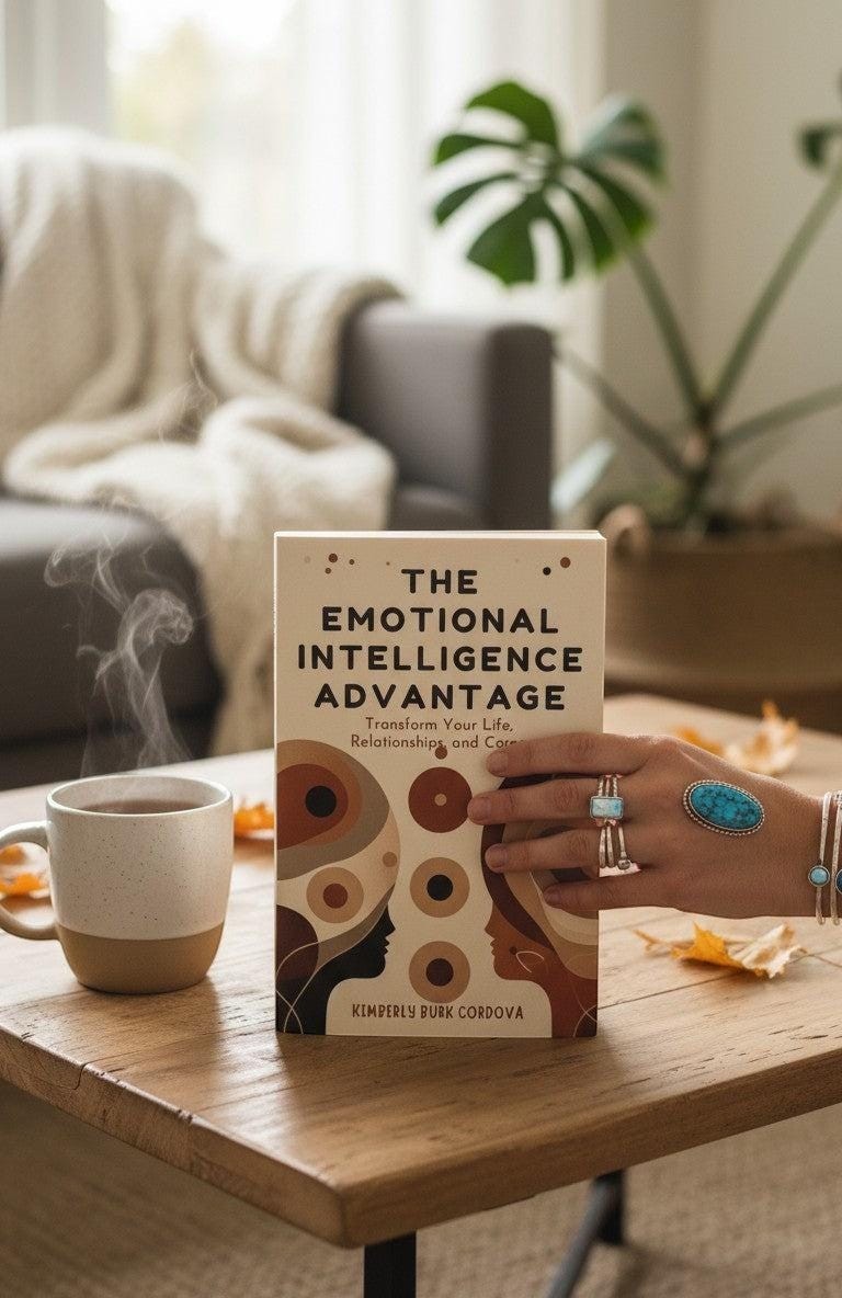 The Emotional Intelligence Advantage book by Kimberly Burk Cordova, a guide to EQ for adults, with a warm, cozy setting.