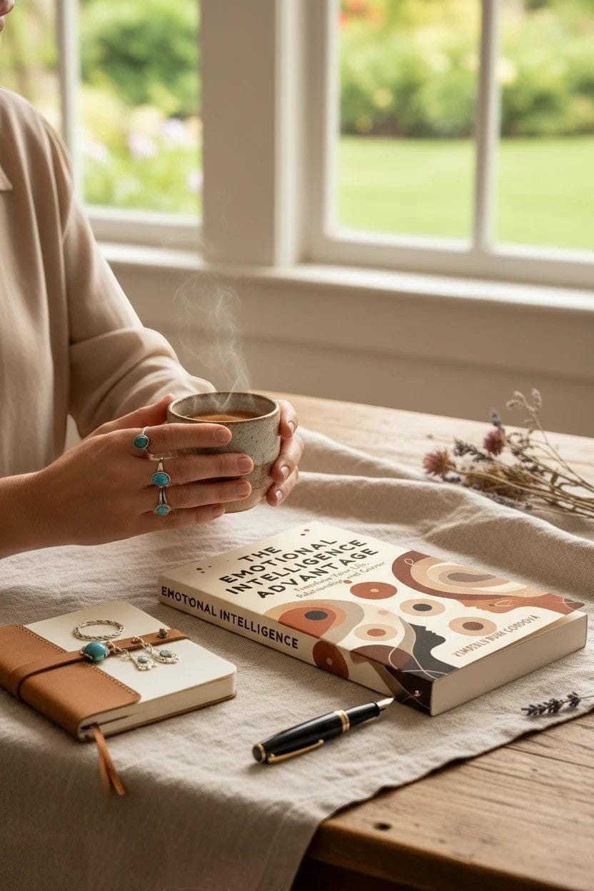 Thrive Collective Publishing book The Emotional Intelligence Advantage, a practical EQ guide for adults. Features a woman holding coffee.