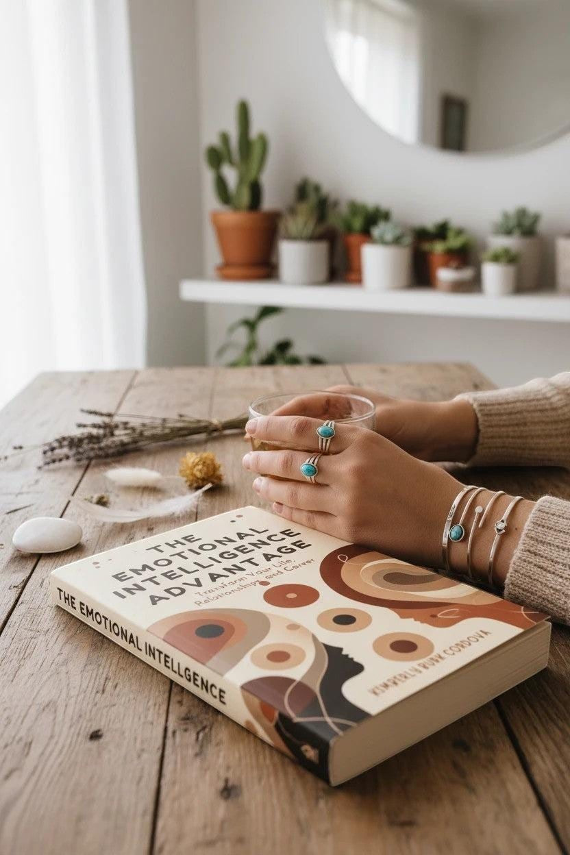 Thrive Collective Publishing's The Emotional Intelligence Advantage book cover, featuring abstract profiles and circles in warm tones. A person holds a glass of tea.