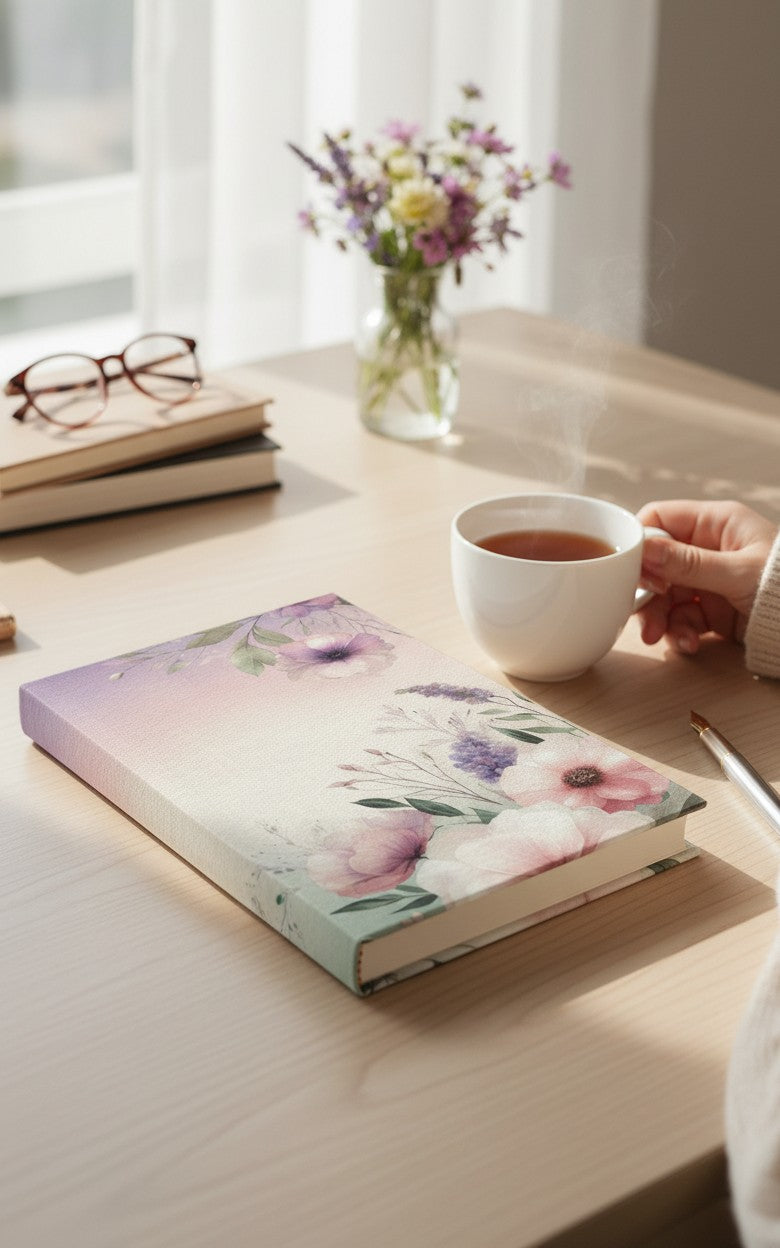 Thrive Collective Publishing Just Write journal with romantic floral cover in pink, purple, and green watercolor.