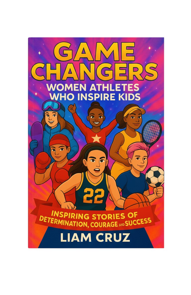 Thrive Collective Publishing Game Changers book cover: diverse girls playing sports like soccer, basketball, tennis, boxing, and snowboarding.
