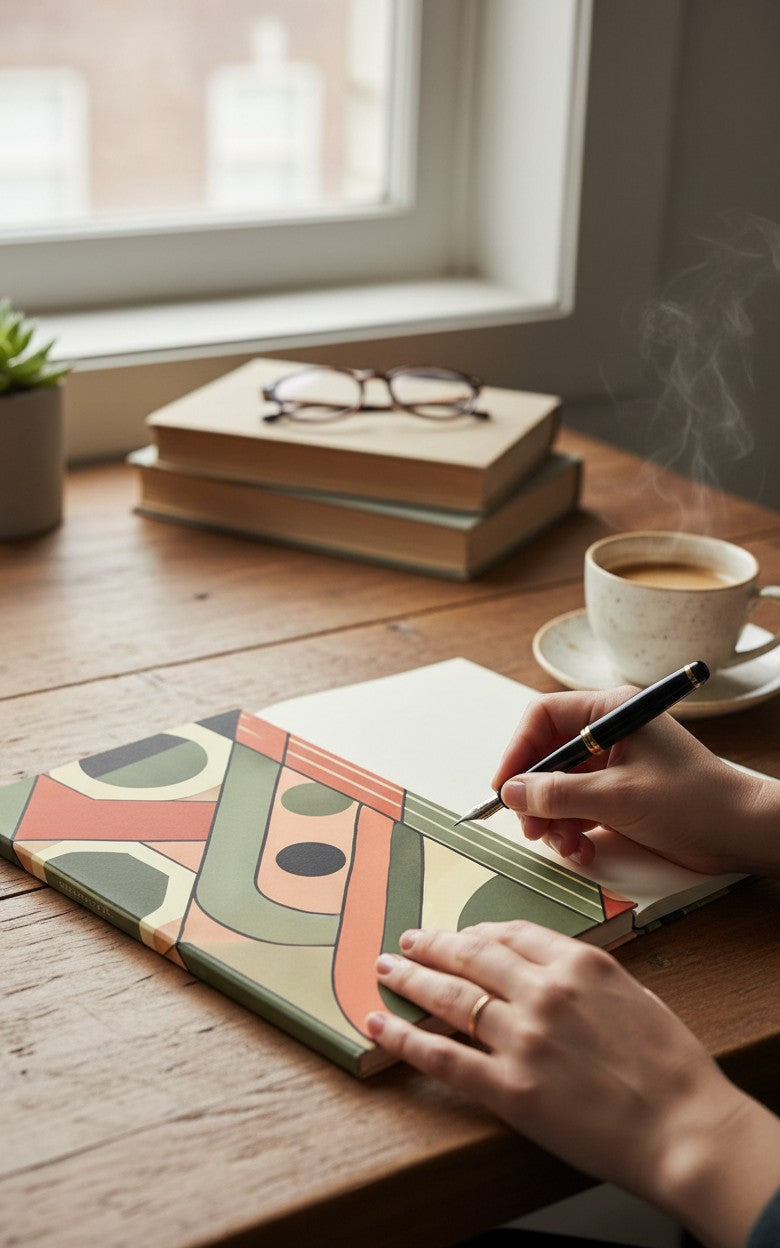 Thrive Collective Publishing Just Write journal with geometric pattern cover in coral, sage green, cream, and black.