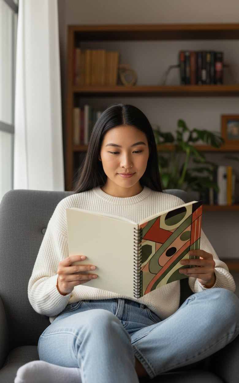 Thrive Collective Publishing Just Write journal with geometric pattern cover in coral, sage green, cream, and black.
