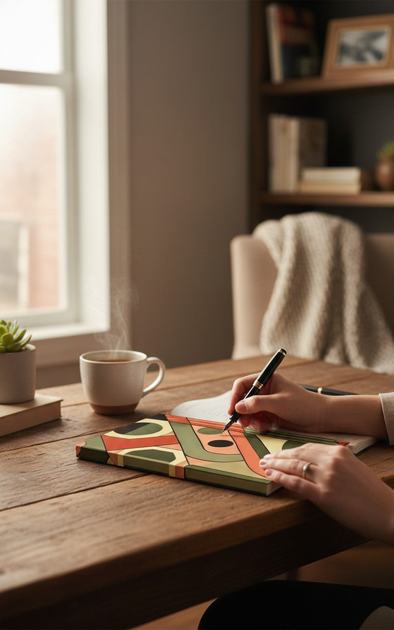Thrive Collective Publishing Just Write journal with geometric pattern cover in coral, olive green, cream, and black.
