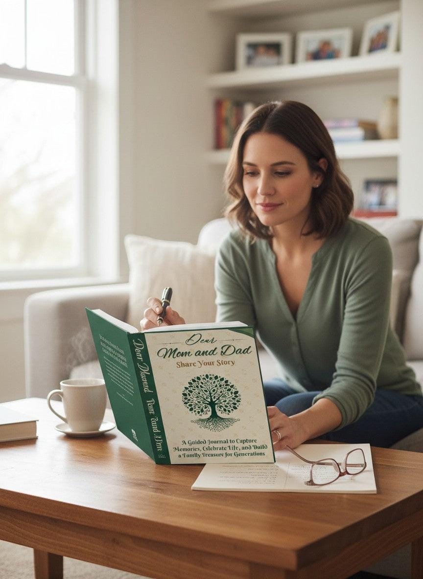 Thrive Collective Publishing Dear Mom and Dad Share Your Story guided journal with tree of life design. Woman writing.