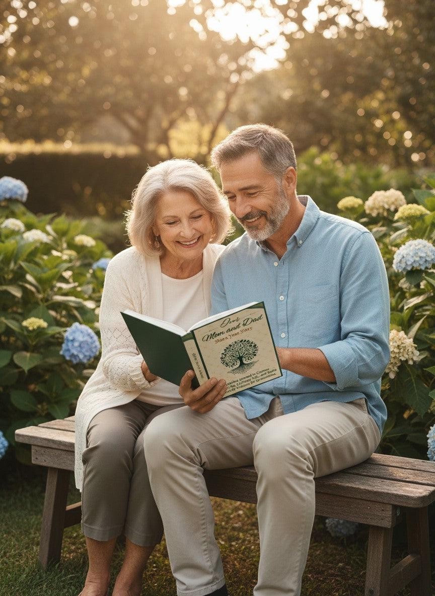 Thrive Collective Publishing Dear Mom and Dad Share Your Story guided journal with a tree of life cover, held by a smiling older couple on a park bench.