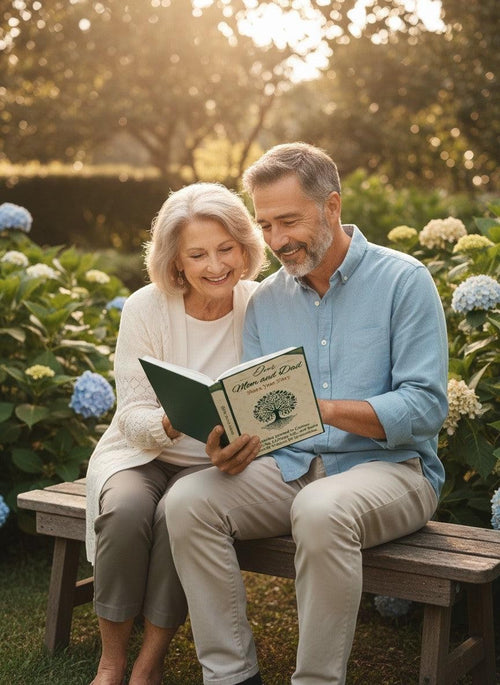 Thrive Collective Publishing Dear Mom and Dad Share Your Story guided journal with a tree of life cover, held by a smiling older couple on a park bench.