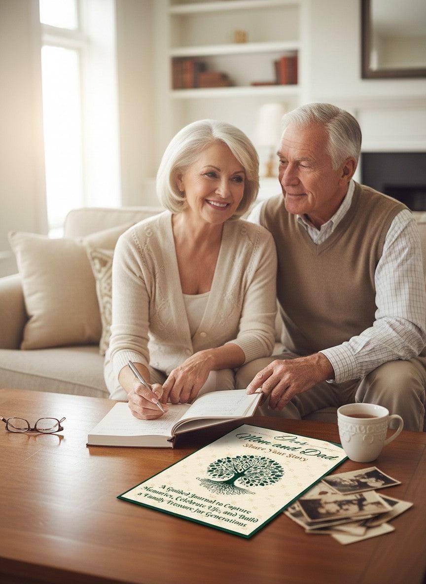 Thrive Collective Publishing guided journal for parents to share life stories, featuring a tree of life design.