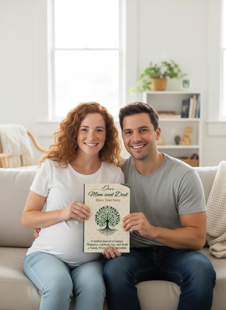 Thrive Collective Publishing Dear Mom and Dad Share Your Story guided journal with tree of life design. Pregnant woman and man holding journal.