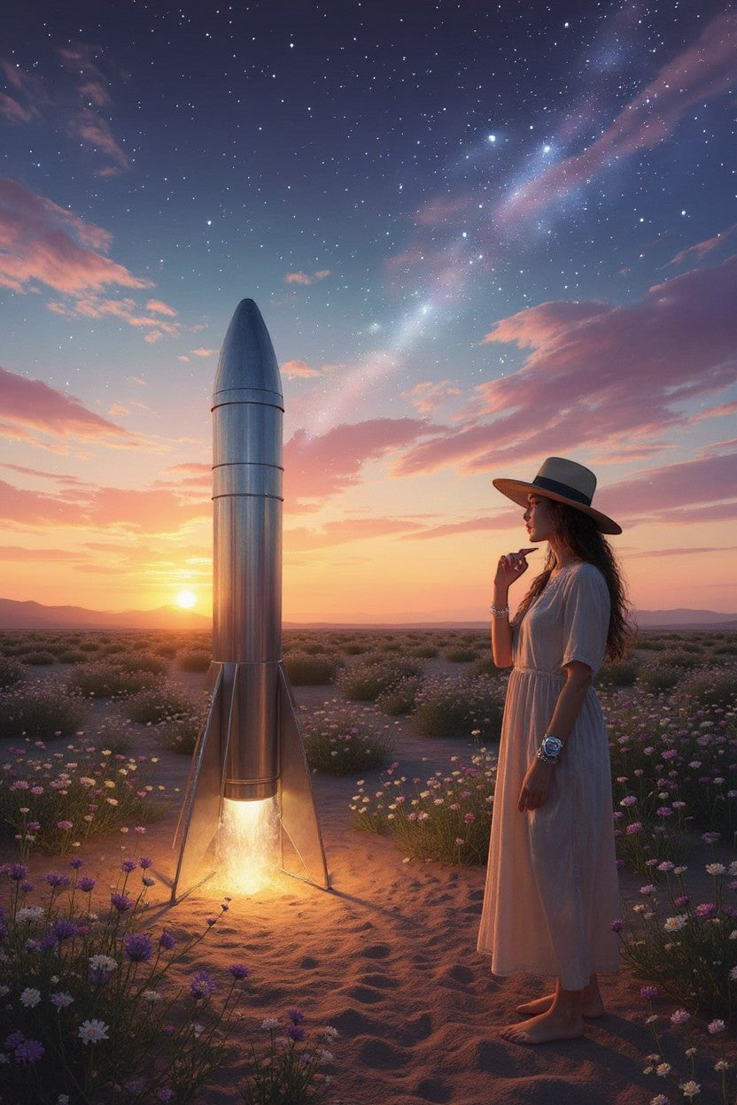 Thrive Collective Publishing Just Write Celestial Wonders journal with a woman in a hat and dress standing by a rocket.