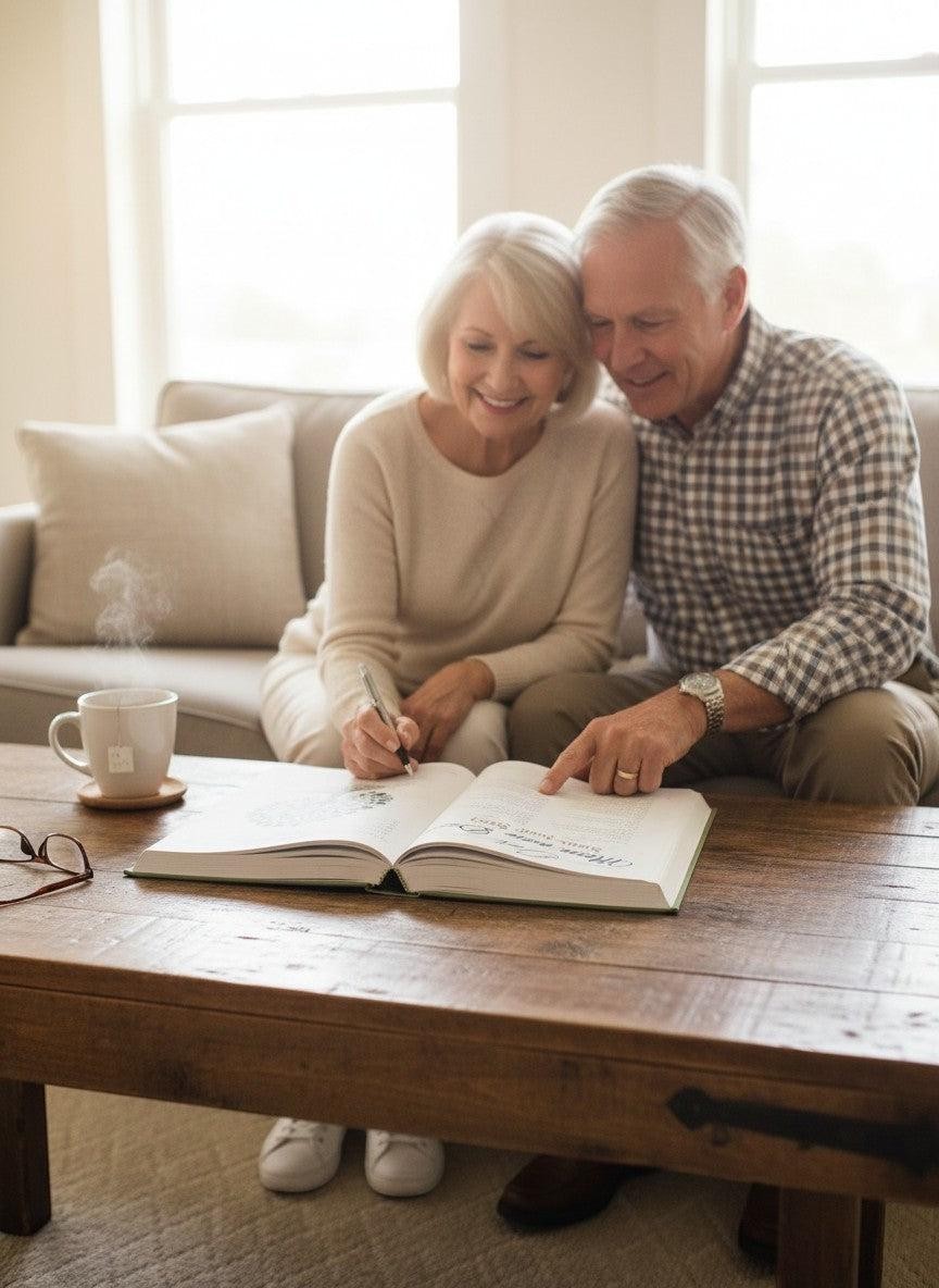 Elderly couple writing in a guided keepsake journal, a gift from Thrive Collective Publishing. Steam rises from a nearby teacup.