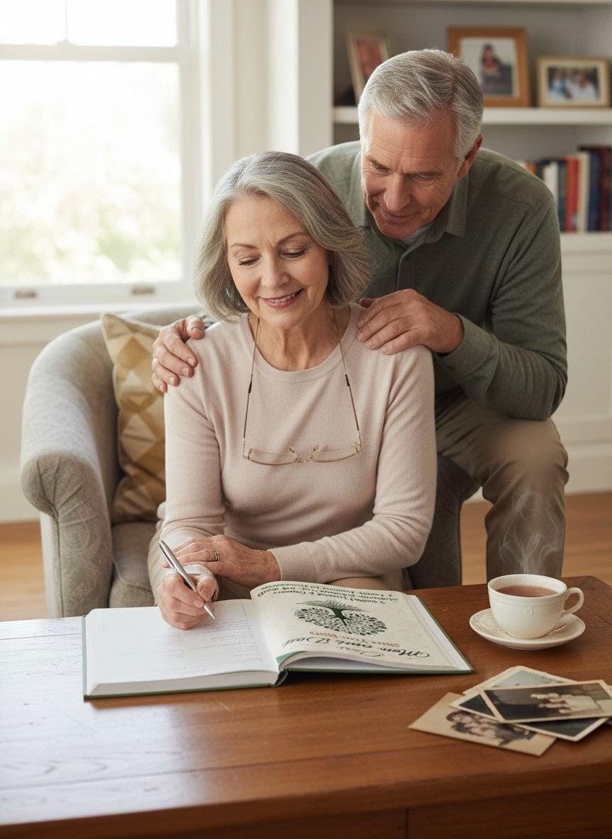 Elderly couple writing in a guided keepsake journal from Thrive Collective Publishing. The journal has a tree of life design.