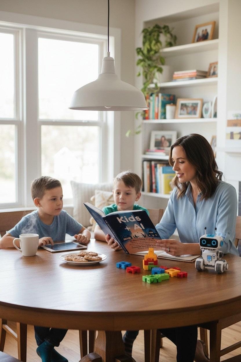 Thrive Collective Publishing Kids + AI book with a mother and two sons at a table, learning about AI.