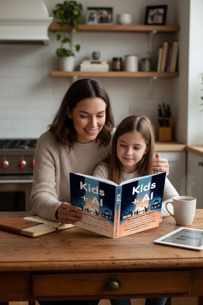 Thrive Collective Publishing Kids + AI: The Family-School Playbook, a guide for parents and educators on AI. A mother and daughter read the book together.
