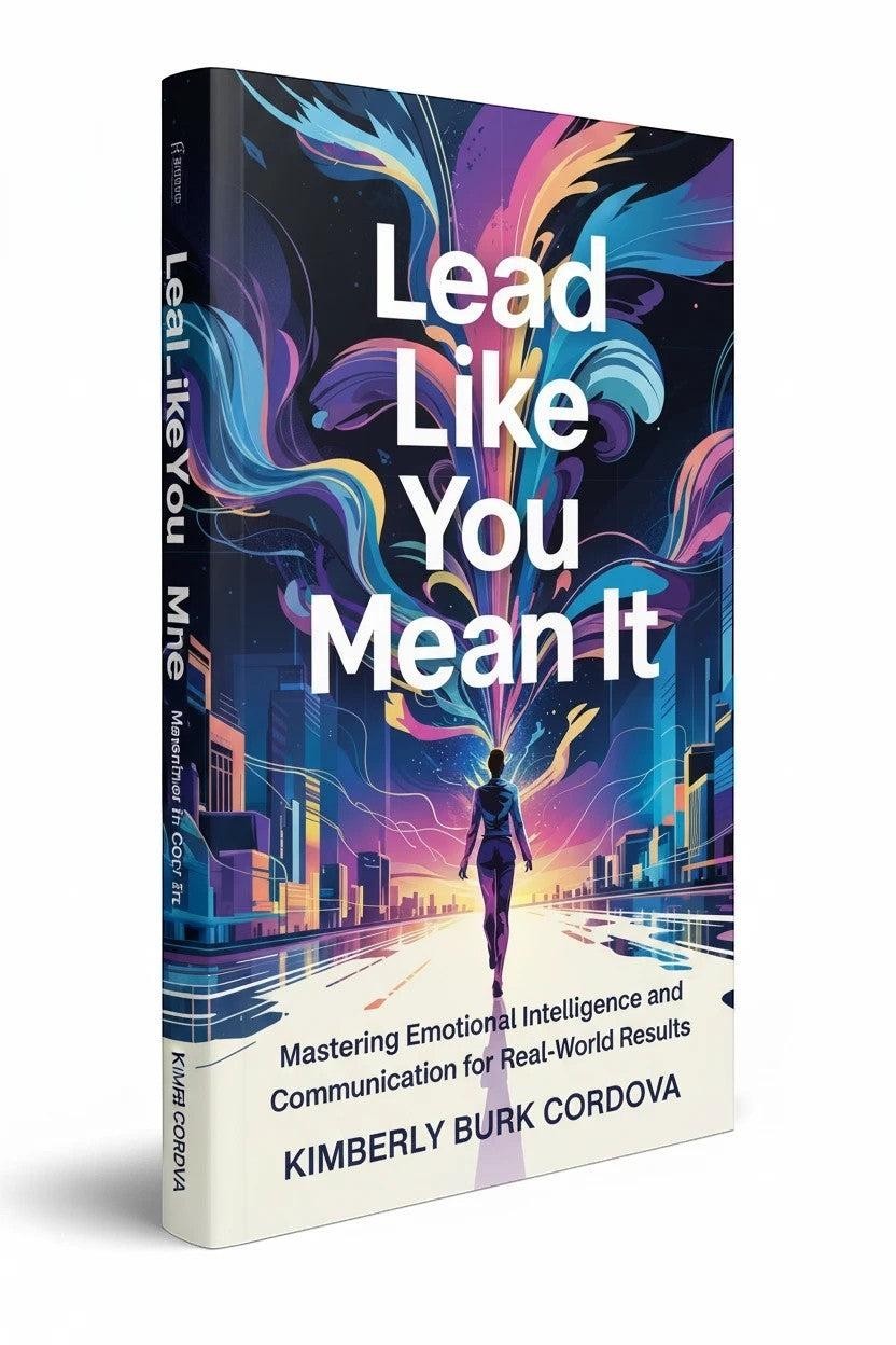 Thrive Collective Publishing book "Lead Like You Mean It" cover art with a woman walking towards a city skyline, abstract colorful energy above her.