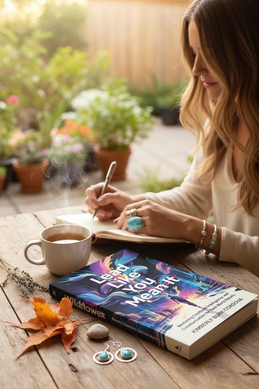 Thrive Collective Publishing book 'Lead Like You Mean It' on a wooden table with a woman writing in a journal.