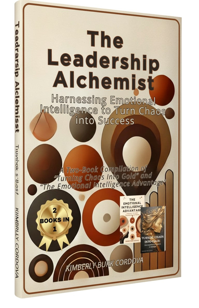 The Leadership Alchemist book cover by Thrive Collective Publishing, featuring abstract circles and two smaller book covers. Title: Harnessing Emotional Intelligence to Turn Chaos into Success.