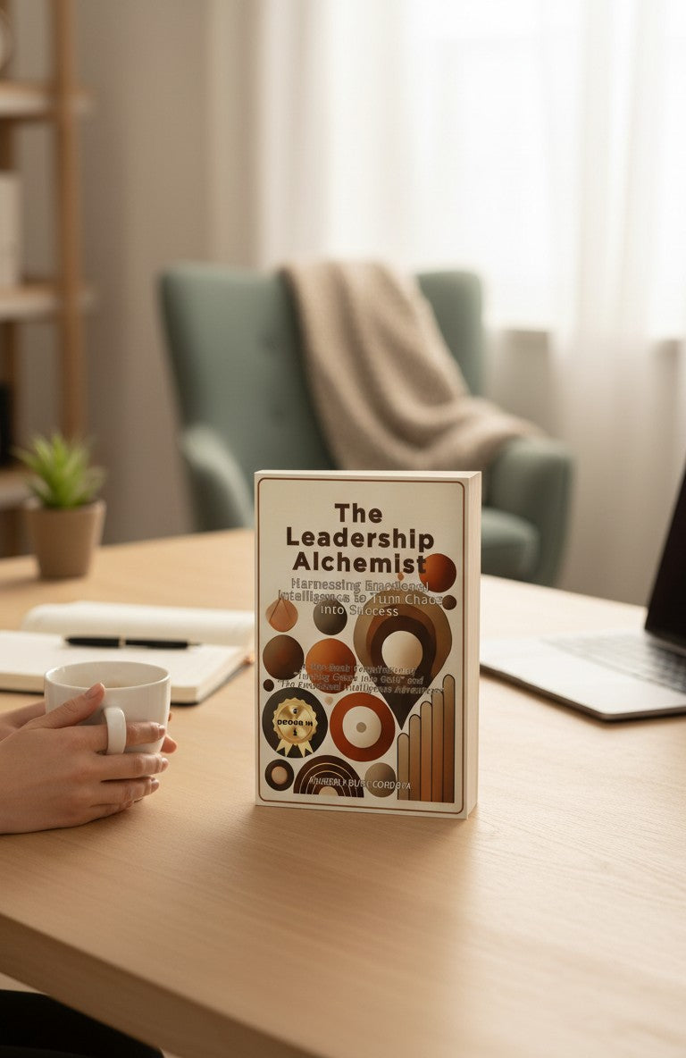 The Leadership Alchemist book cover by Thrive Collective Publishing, featuring abstract circles and two smaller book covers. Title: Harnessing Emotional Intelligence to Turn Chaos into Success.
