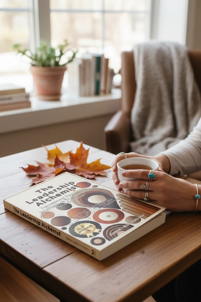 The Leadership Alchemist book by Thrive Collective Publishing, a guide to emotional intelligence for leaders. Features a cream cover with abstract circles and text. A person holds a cup of tea next to the book.