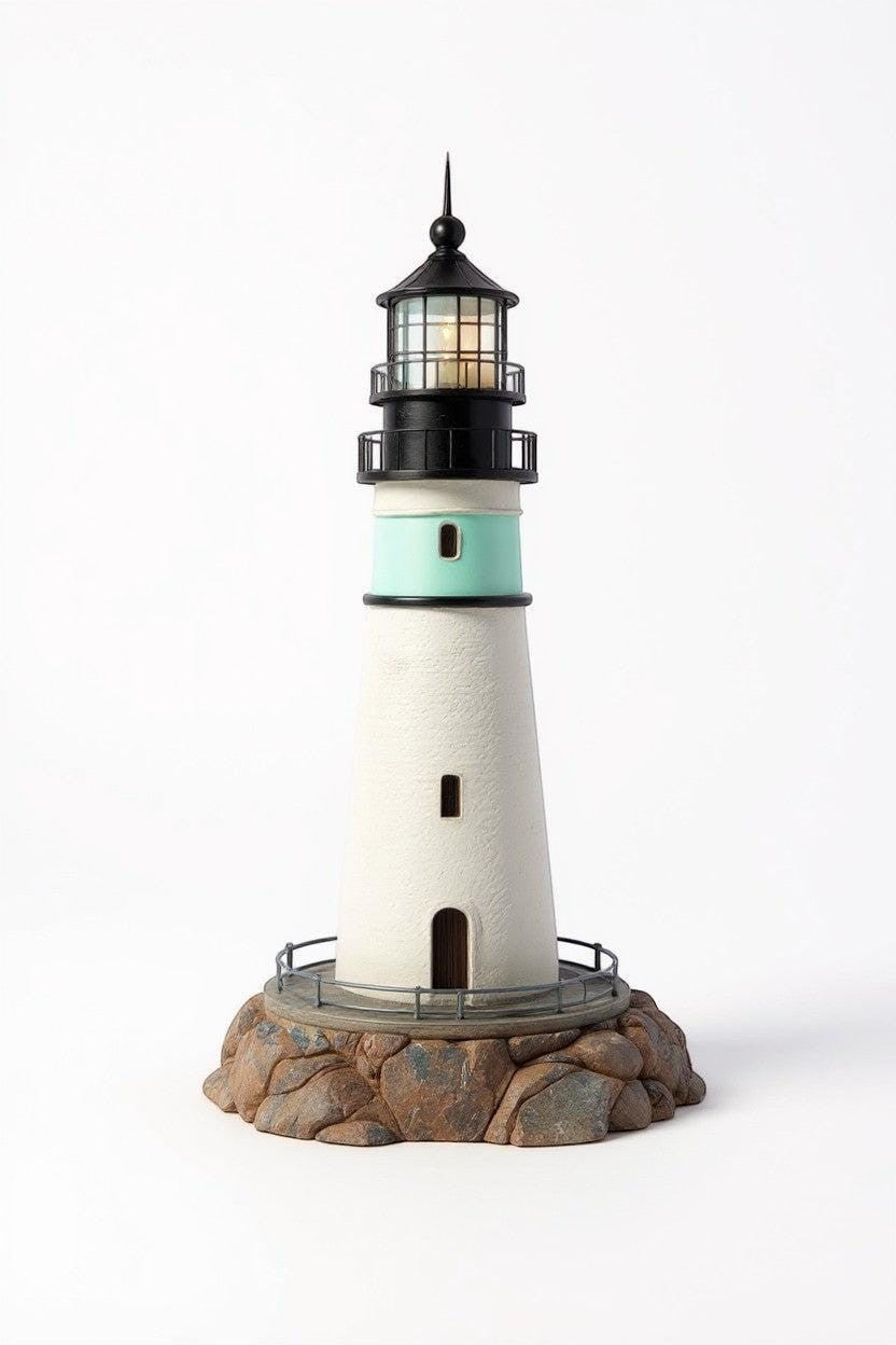 Thrive Collective Publishing lighthouse model with white tower, teal band, black lantern room, and rocky base.