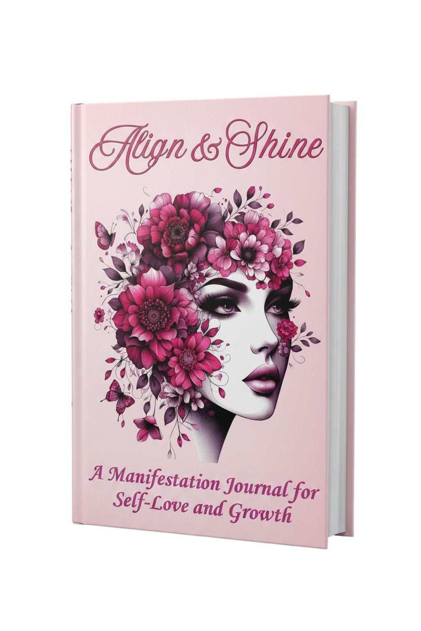 Thrive Collective Publishing Align & Shine manifestation journal cover with a woman's face adorned with pink flowers and butterflies.