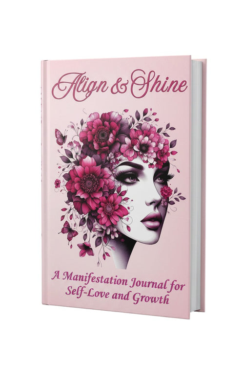 Thrive Collective Publishing Align & Shine manifestation journal cover with a woman's face adorned with pink flowers and butterflies.