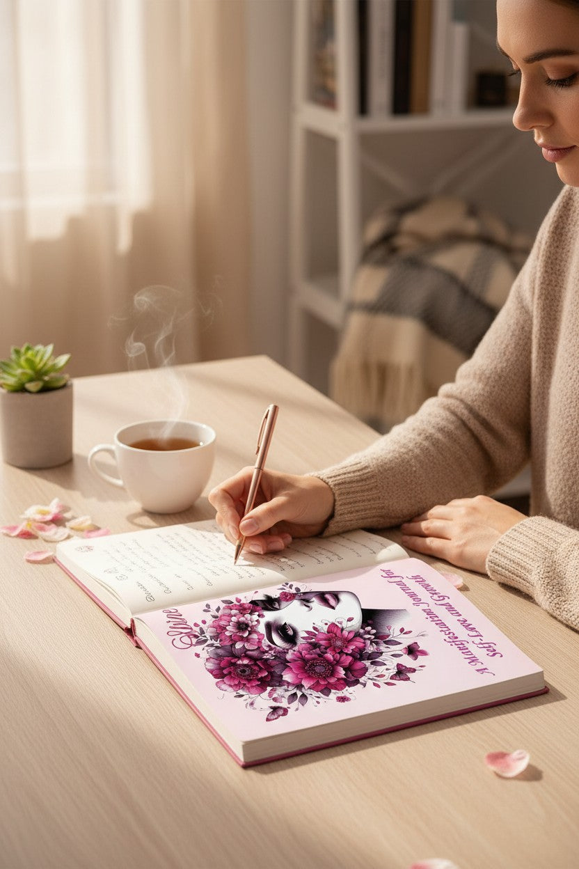 Thrive Collective Publishing Align & Shine manifestation journal cover with a woman's face adorned with pink flowers and butterflies.