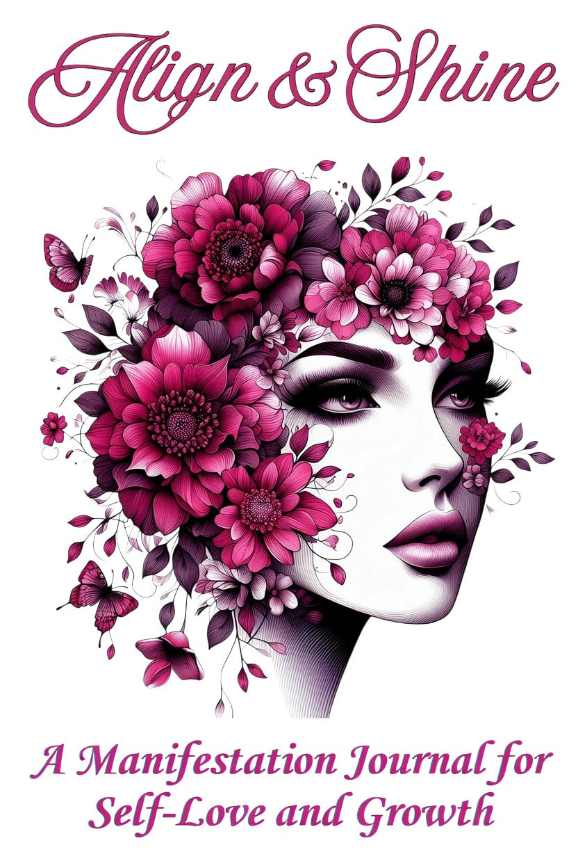 Thrive Collective Publishing Align & Shine manifestation journal cover with a woman's face adorned with pink flowers and butterflies.