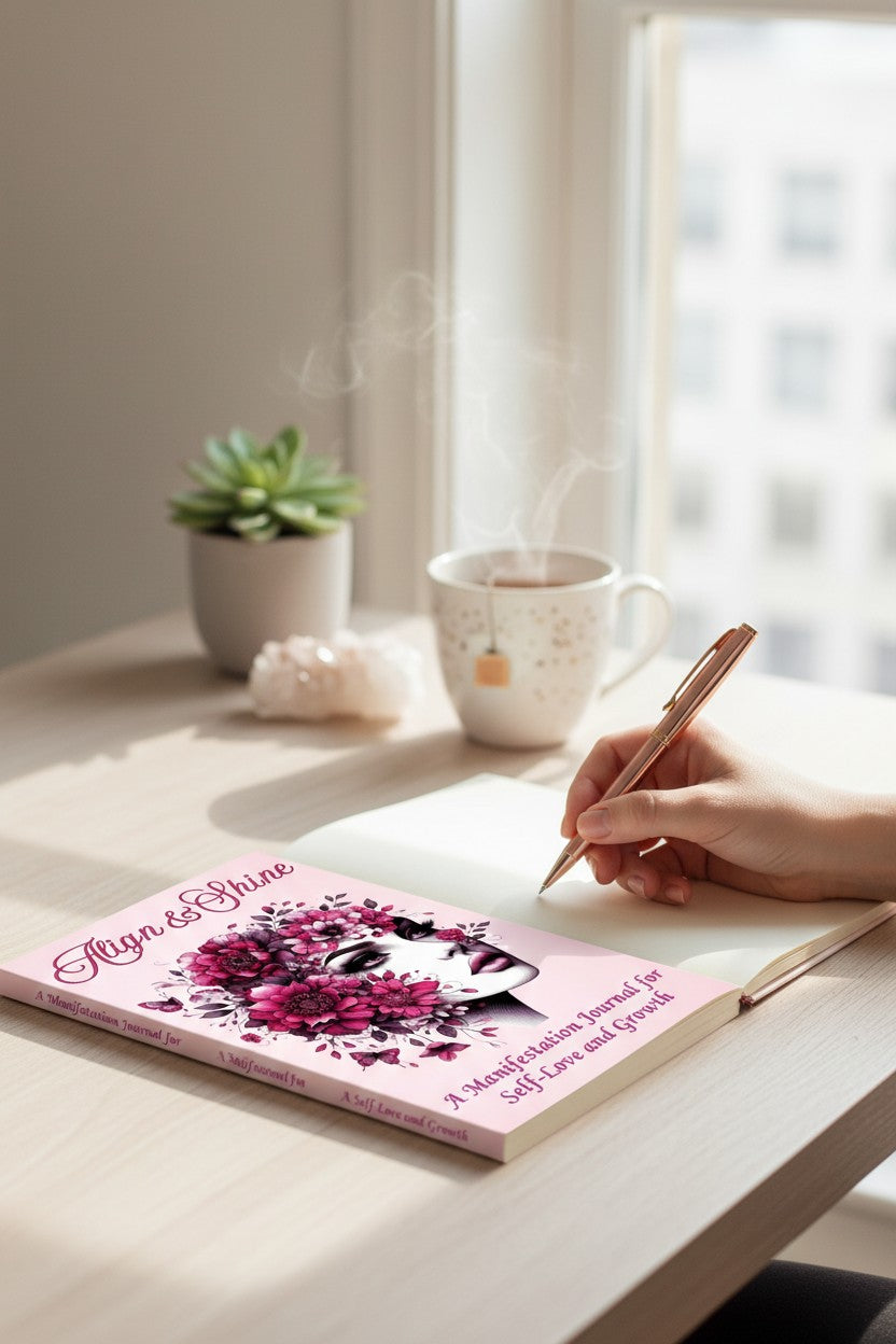 Thrive Collective Publishing Align & Shine manifestation journal cover with a woman's face adorned with pink flowers and butterflies.