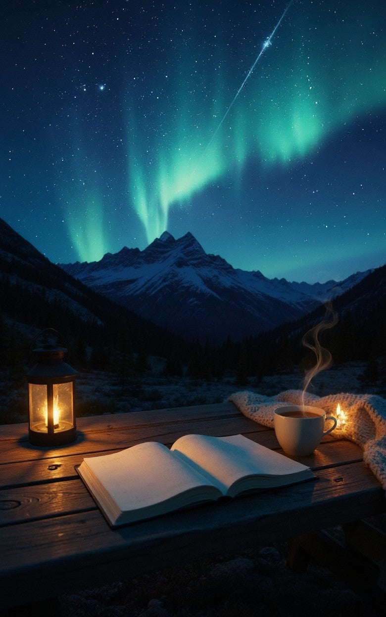 Thrive Collective Publishing Just Write journal with a midnight sky cover featuring a crescent moon and aurora borealis.