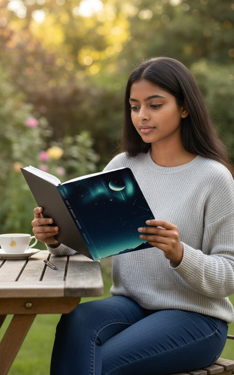 Thrive Collective Publishing Just Write journal with a midnight sky cover featuring a crescent moon and aurora.