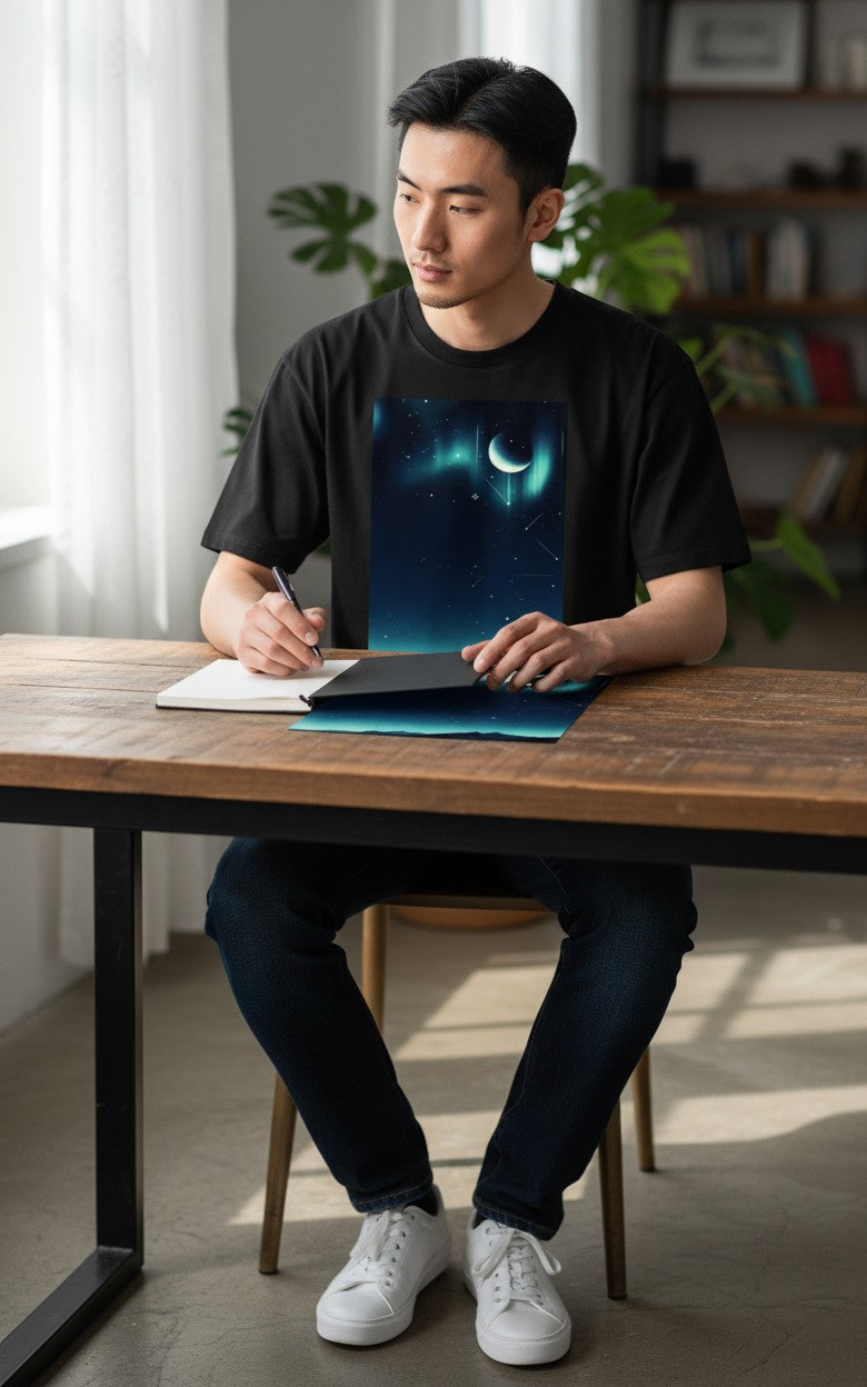 Thrive Collective Publishing Just Write journal with a midnight sky cover featuring a crescent moon and aurora.