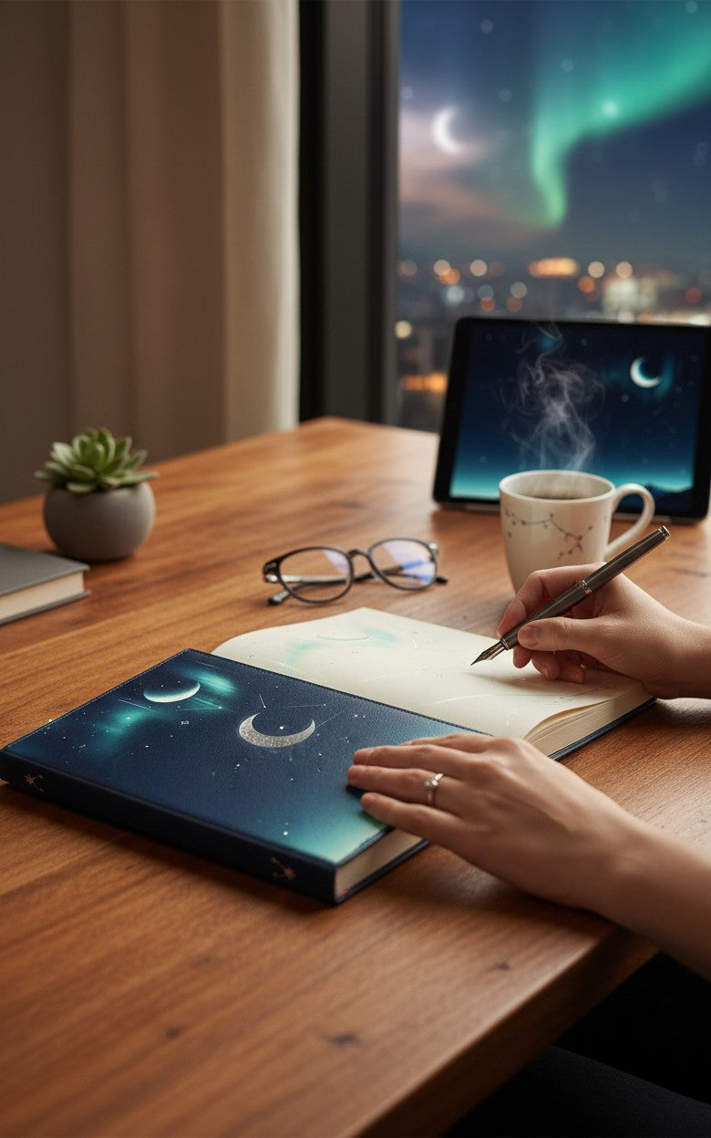 Thrive Collective Publishing Just Write journal with a midnight sky cover featuring a crescent moon and aurora.