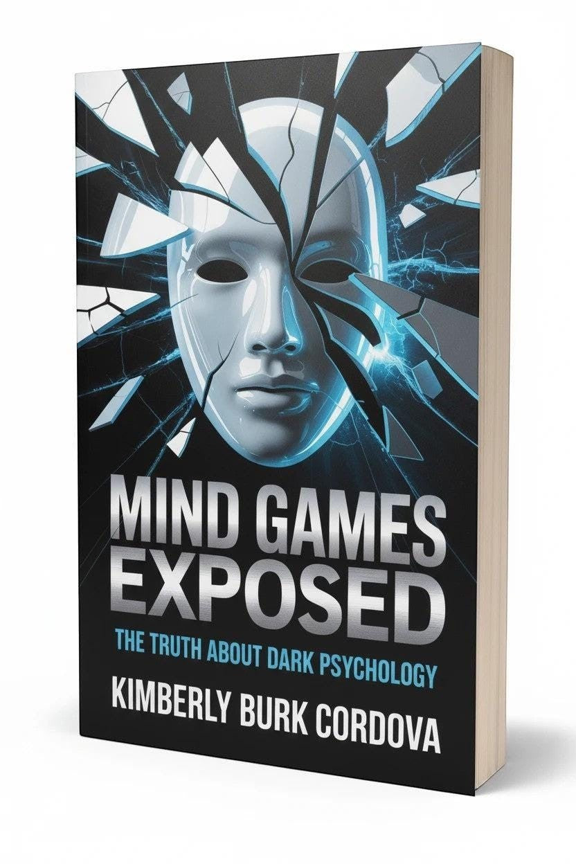 Mind Games Exposed: The Truth About Dark Psychology book cover by Kimberly Burk Cordova, featuring a cracked white mask and blue energy.