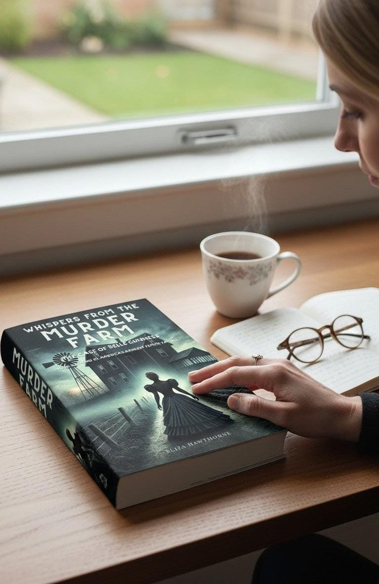 Whispers from the Murder Farm: The Case of Belle Gunness book cover by Thrive Collective Publishing. Features a dark, atmospheric illustration of a farmhouse and windmill.