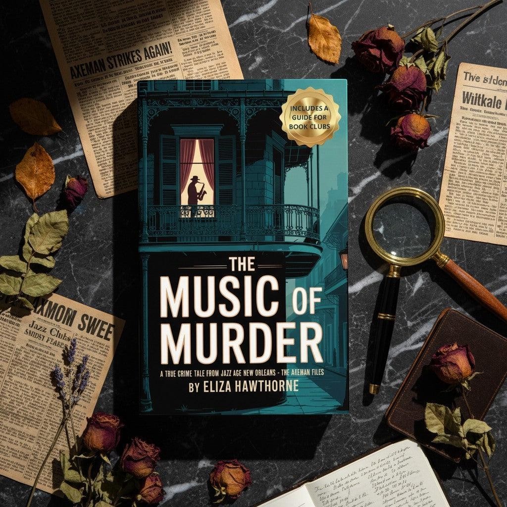 The Music of Murder: A True Crime Tale from Jazz Age New Orleans book cover, featuring a silhouette of a saxophonist in a window.