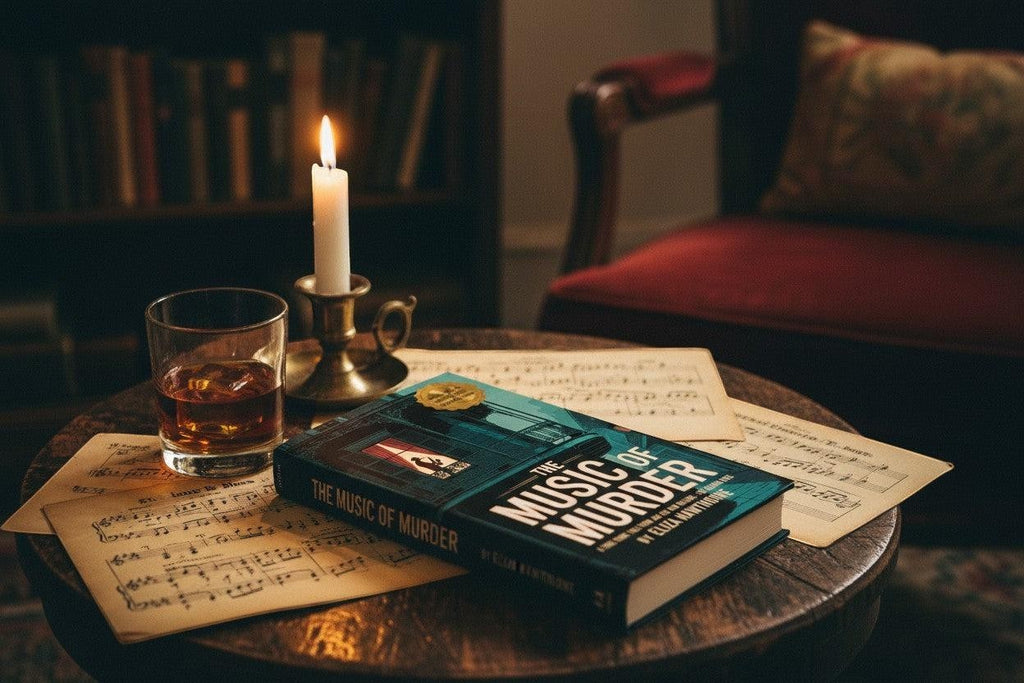 Thrive Collective Publishing's The Music of Murder book, a true crime tale from Jazz Age New Orleans, rests on sheet music next to a glass of whiskey and a lit candle.