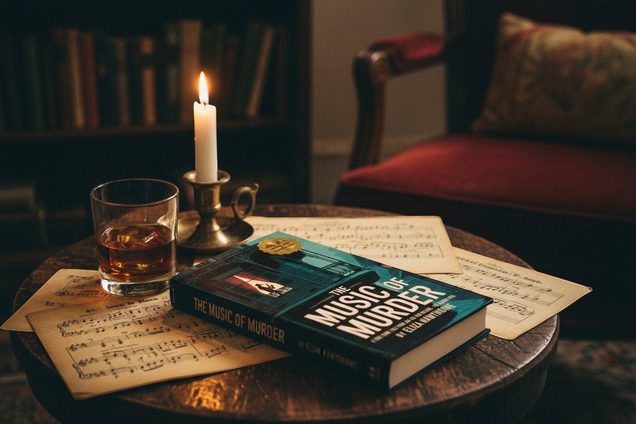 Thrive Collective Publishing's The Music of Murder book, a true crime tale from Jazz Age New Orleans, rests on sheet music next to a glass of whiskey and a lit candle.