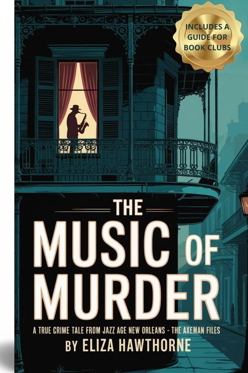 The Music of Murder: A True Crime Tale from Jazz Age New Orleans by Eliza Hawthorne. Features a silhouetted saxophonist in a window.
